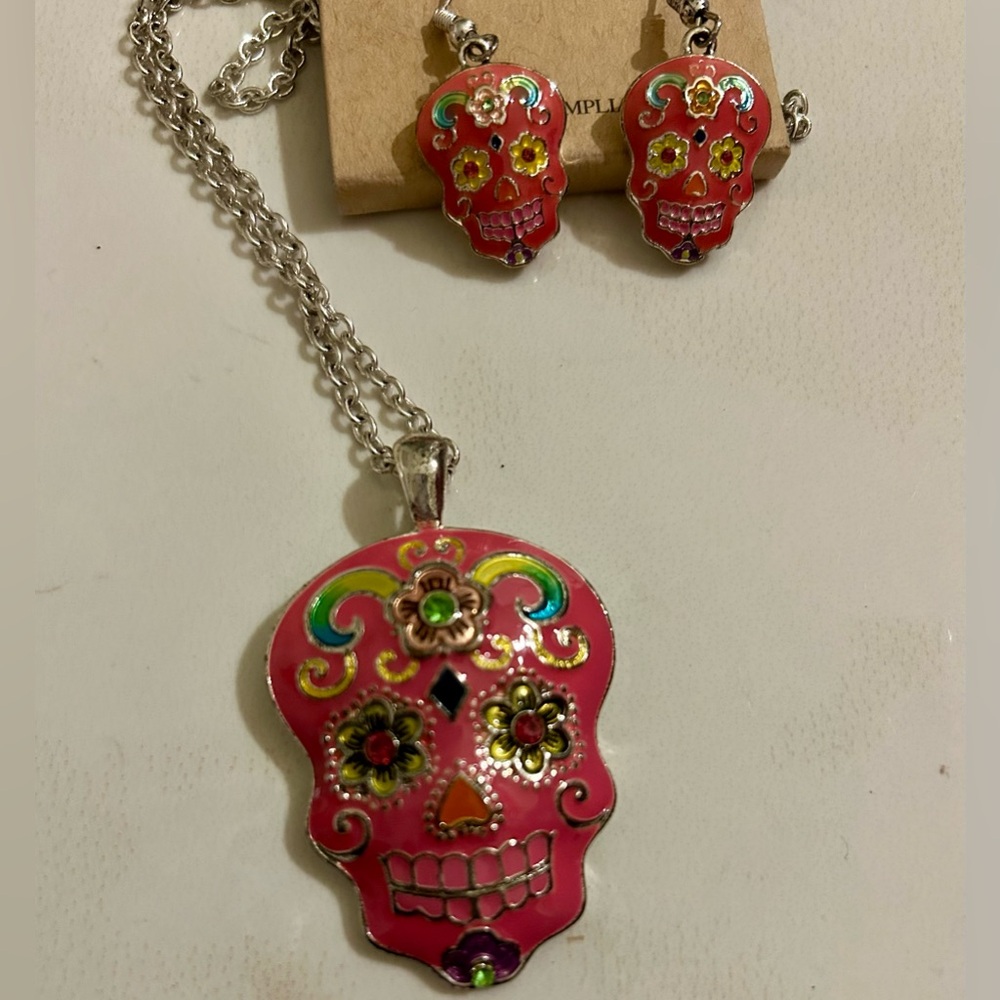 Colorful Skull Pendant Necklace and Earring Set